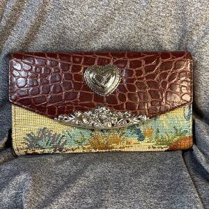 Elegant Tapestry and Faux Alligator Wallet W/Silvertone Accents NWOT